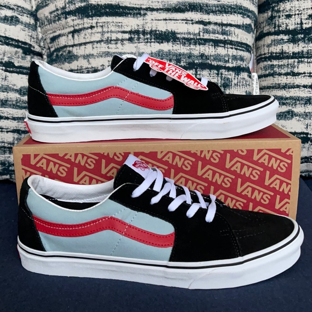 Vans Black and Light Blue Sneakers with Red Stripe